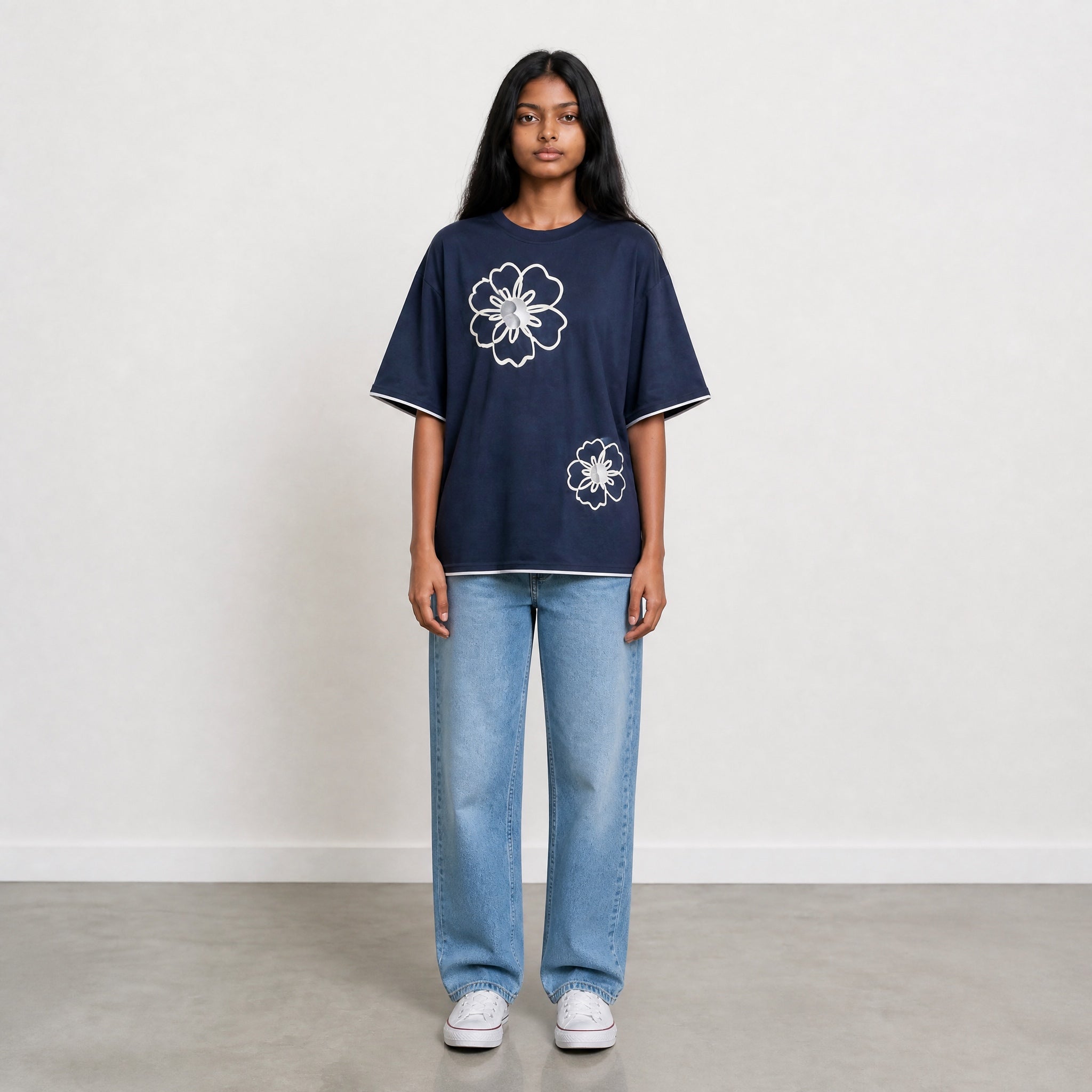 Bare Bloom Tee - Blue Oversized Flower Print T shirt