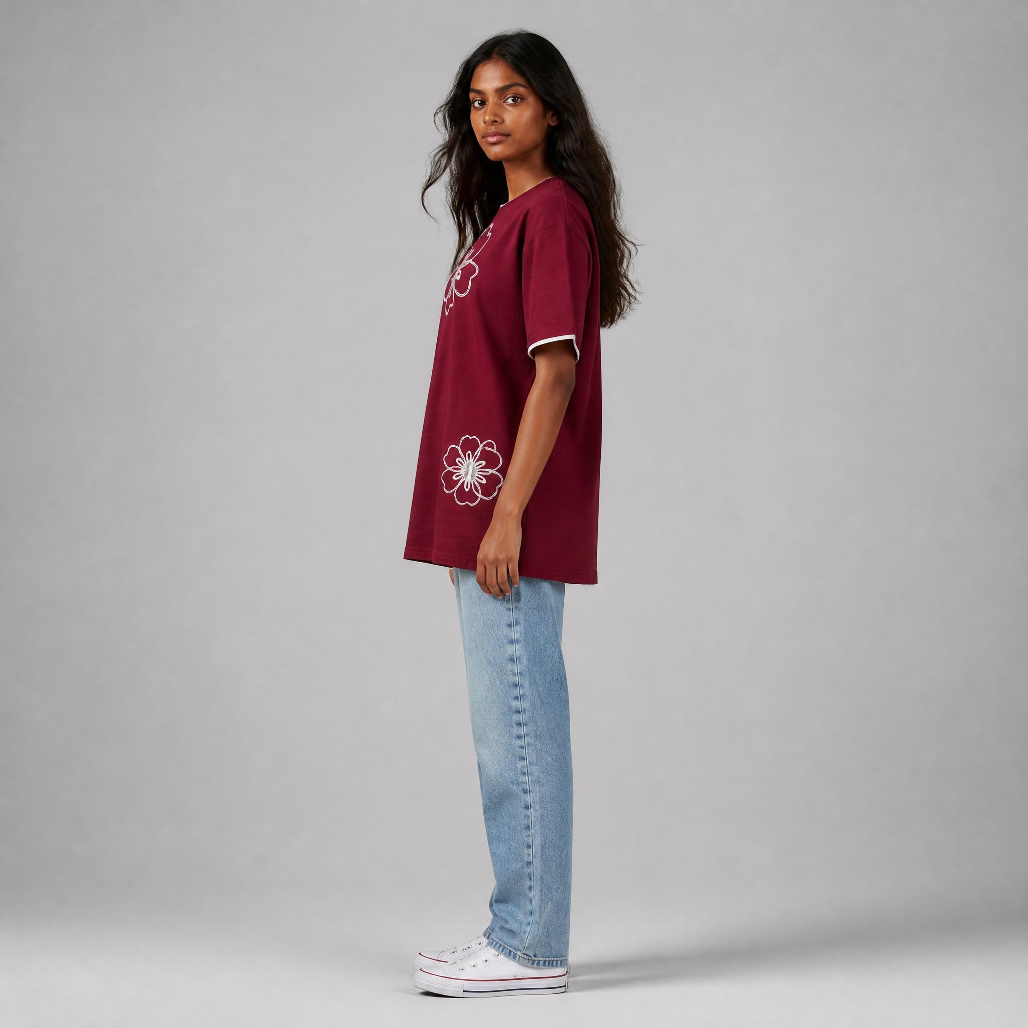 Mono Bloom Tee - Maroon Oversize Flower Print T shirt