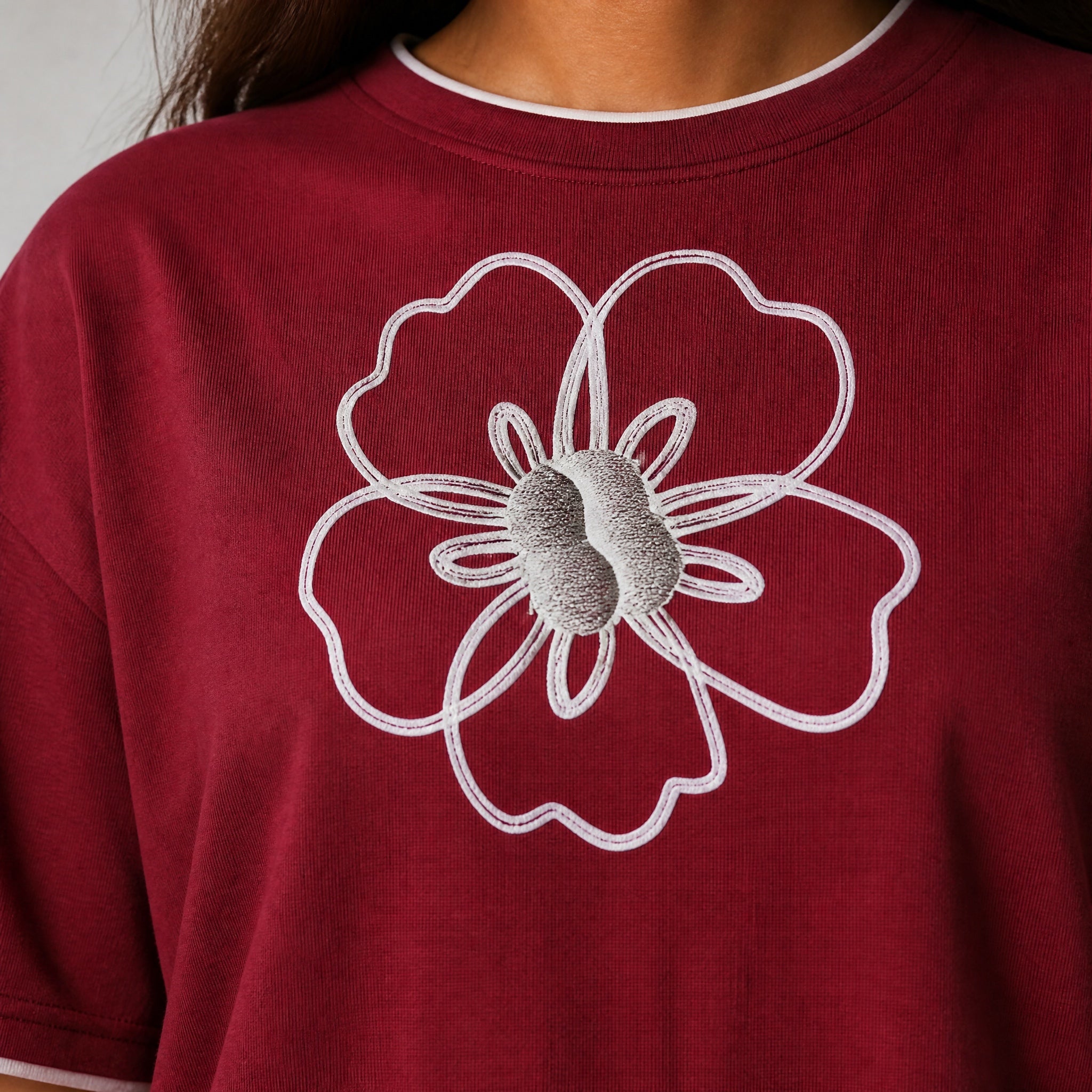 Mono Bloom Tee - Maroon Oversize Flower Print T shirt