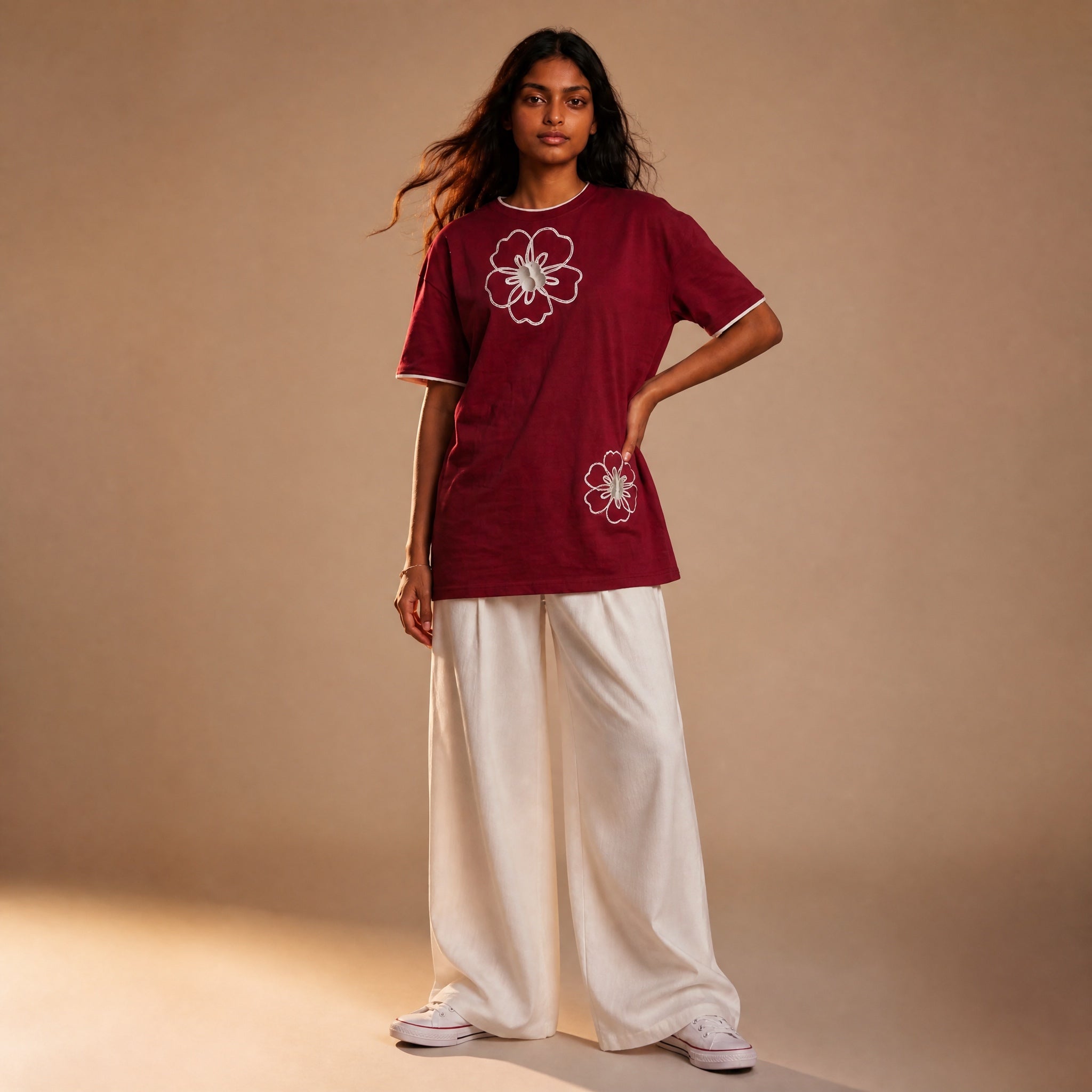 Mono Bloom Tee - Maroon Oversize Flower Print T shirt