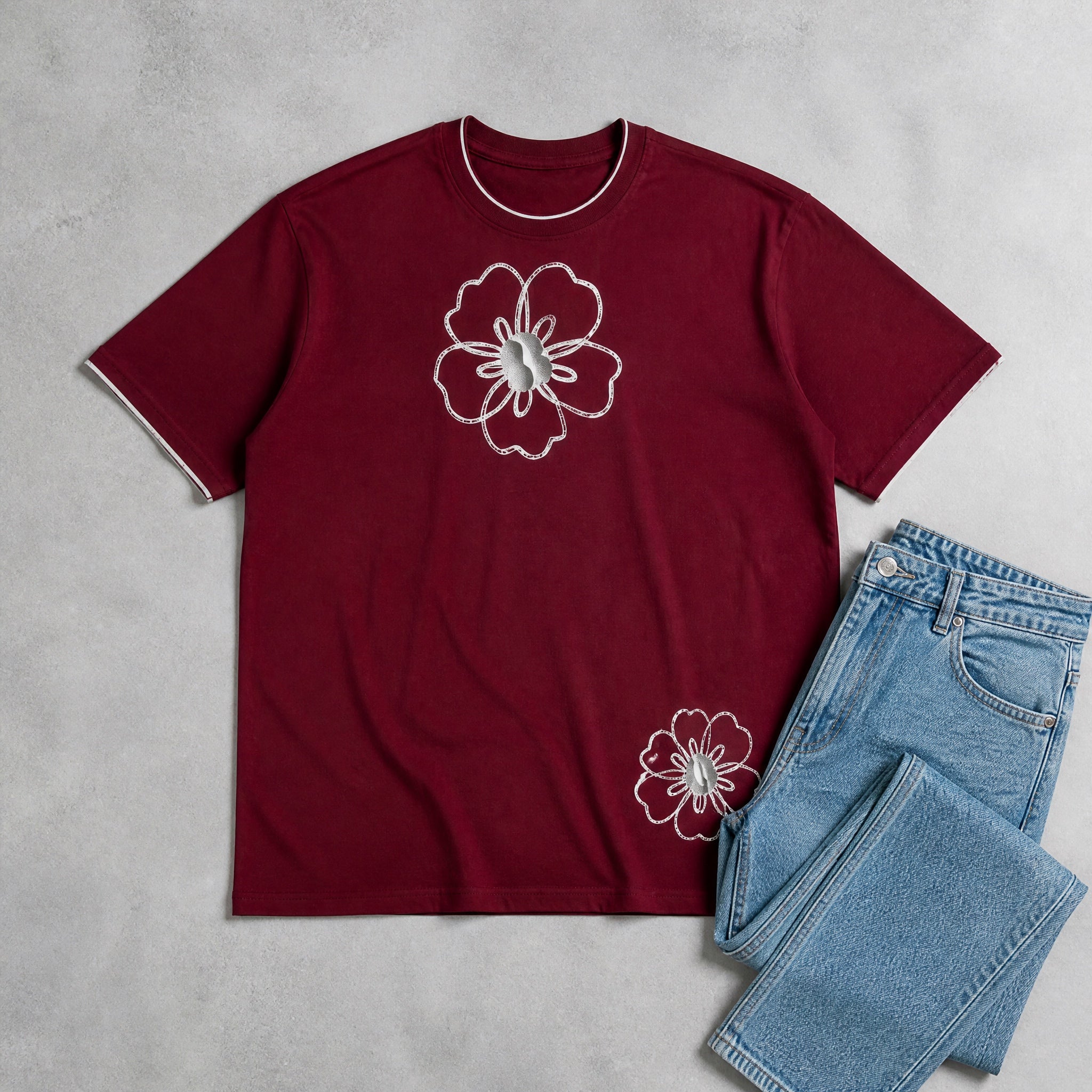 Mono Bloom Tee - Maroon Oversize Flower Print T shirt