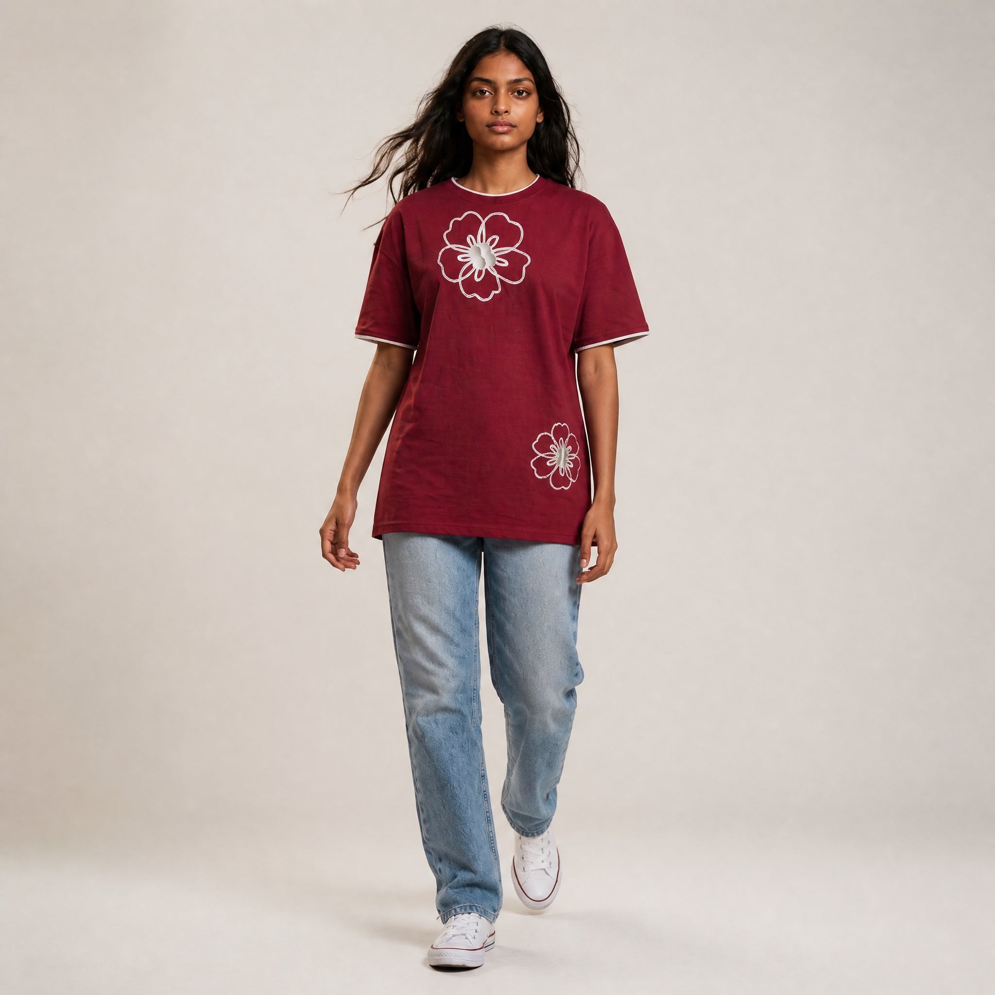 Mono Bloom Tee - Maroon Oversize Flower Print T shirt
