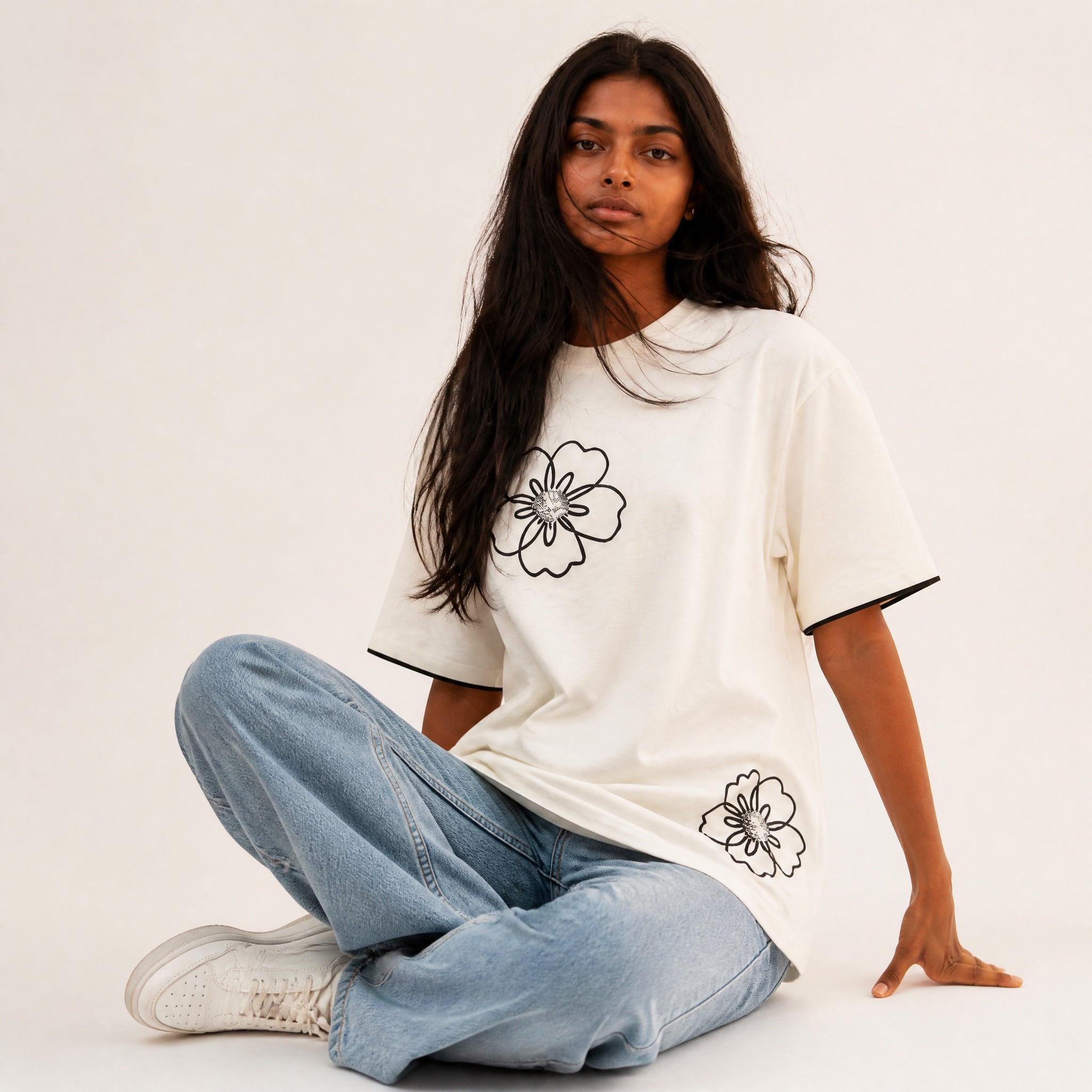 Cloud Bloom Tee - White Oversize Flower Print Tshirt