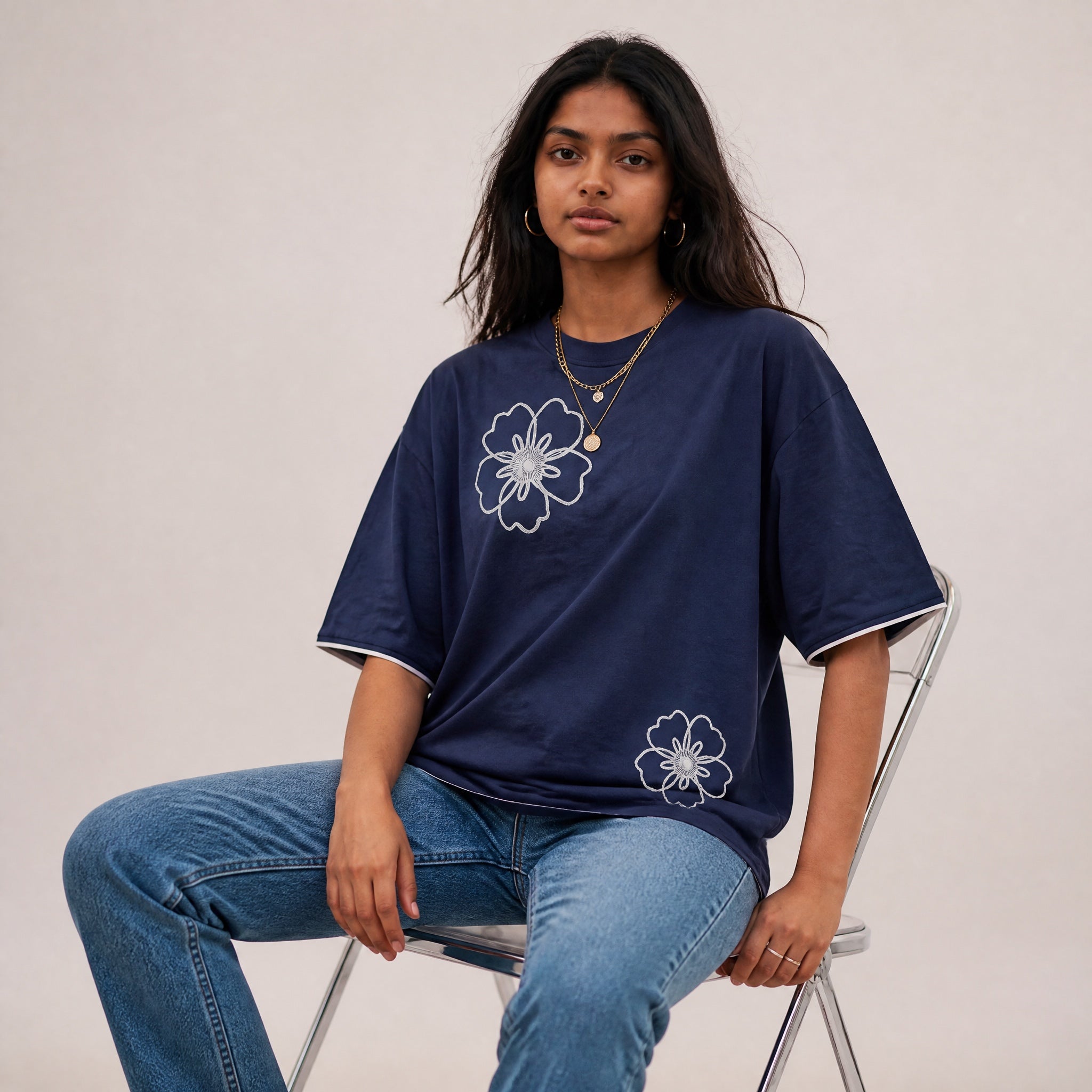 Bare Bloom Tee - Blue Oversized Flower Print T shirt