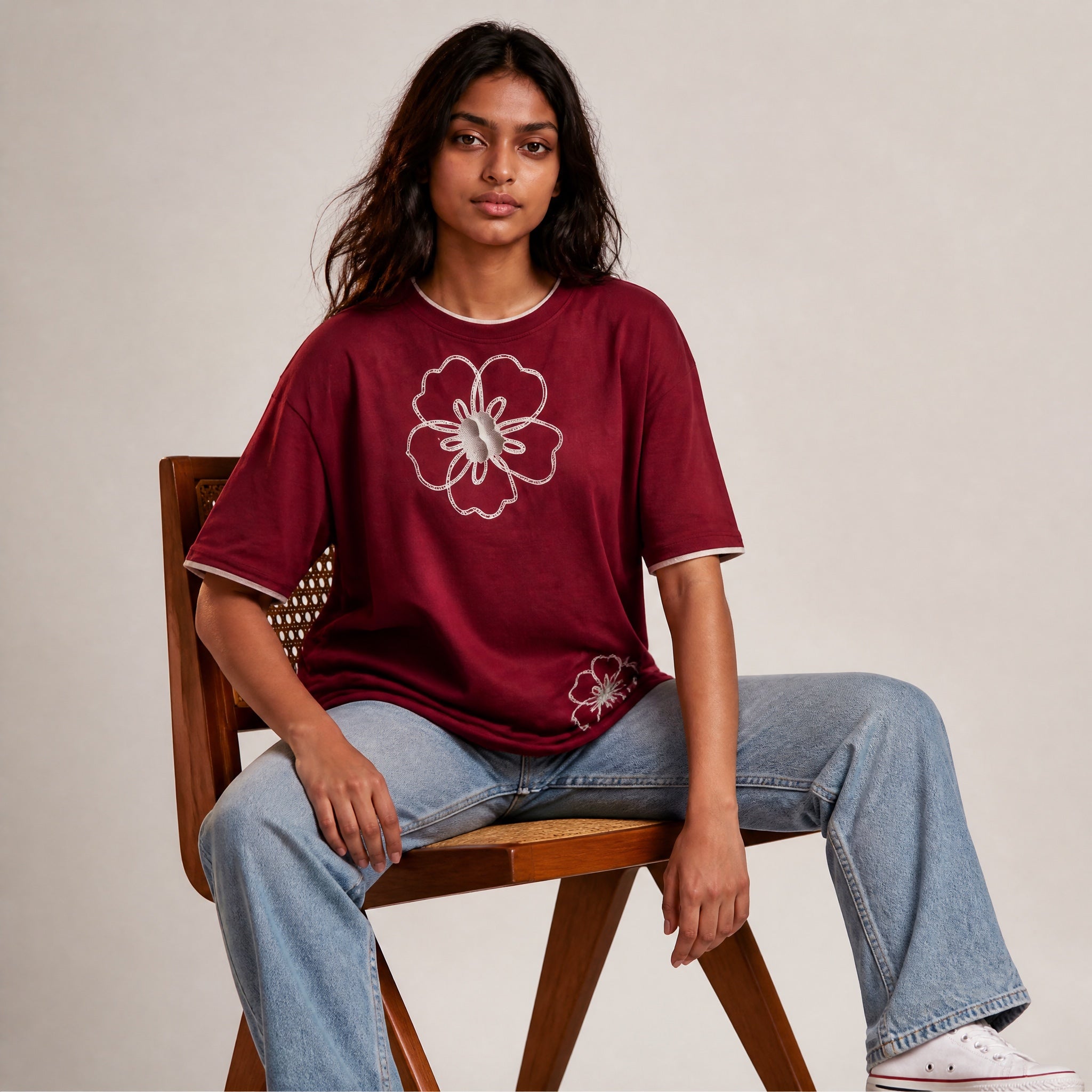 Mono Bloom Tee - Maroon Oversize Flower Print T shirt